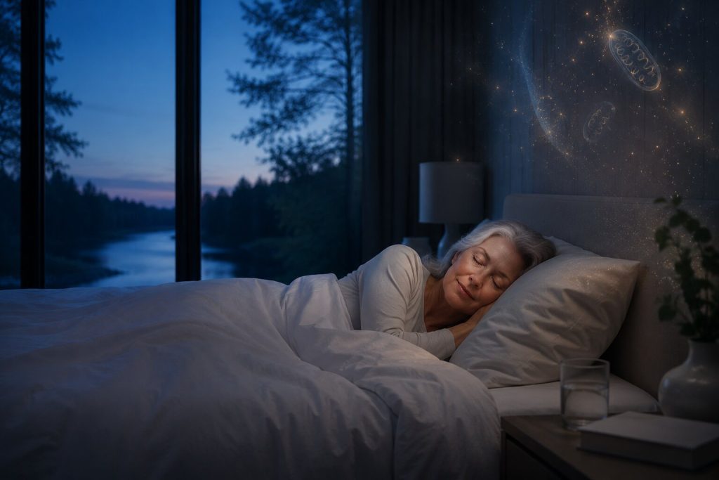 Older woman sleeping peacefully in a dark bedroom beside a river, illustrating melatonin, restorative sleep, and overnight cellular repair.