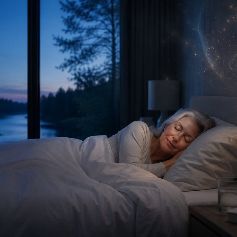 Older woman sleeping peacefully in a dark bedroom beside a river, illustrating melatonin, restorative sleep, and overnight cellular repair.